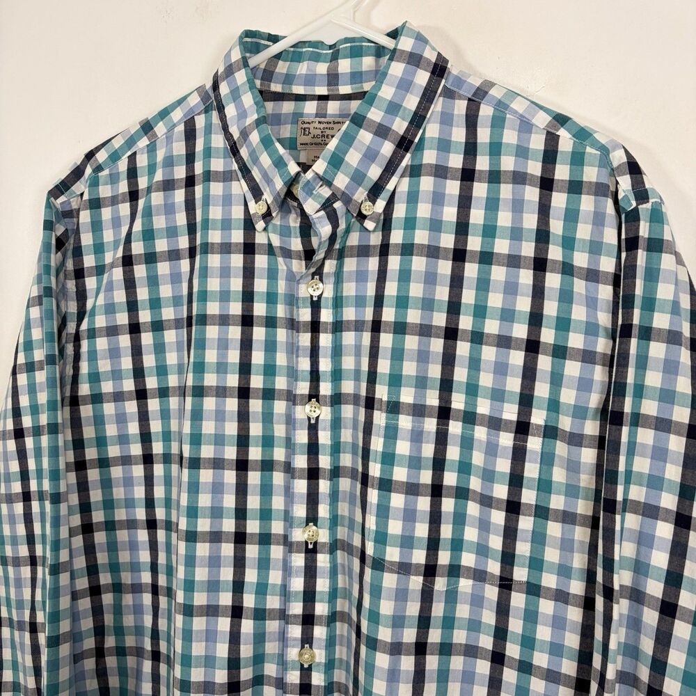 J.Crew Button Down Shirt Mens Large Blue Teal Black Gingham Check Long Sleeve